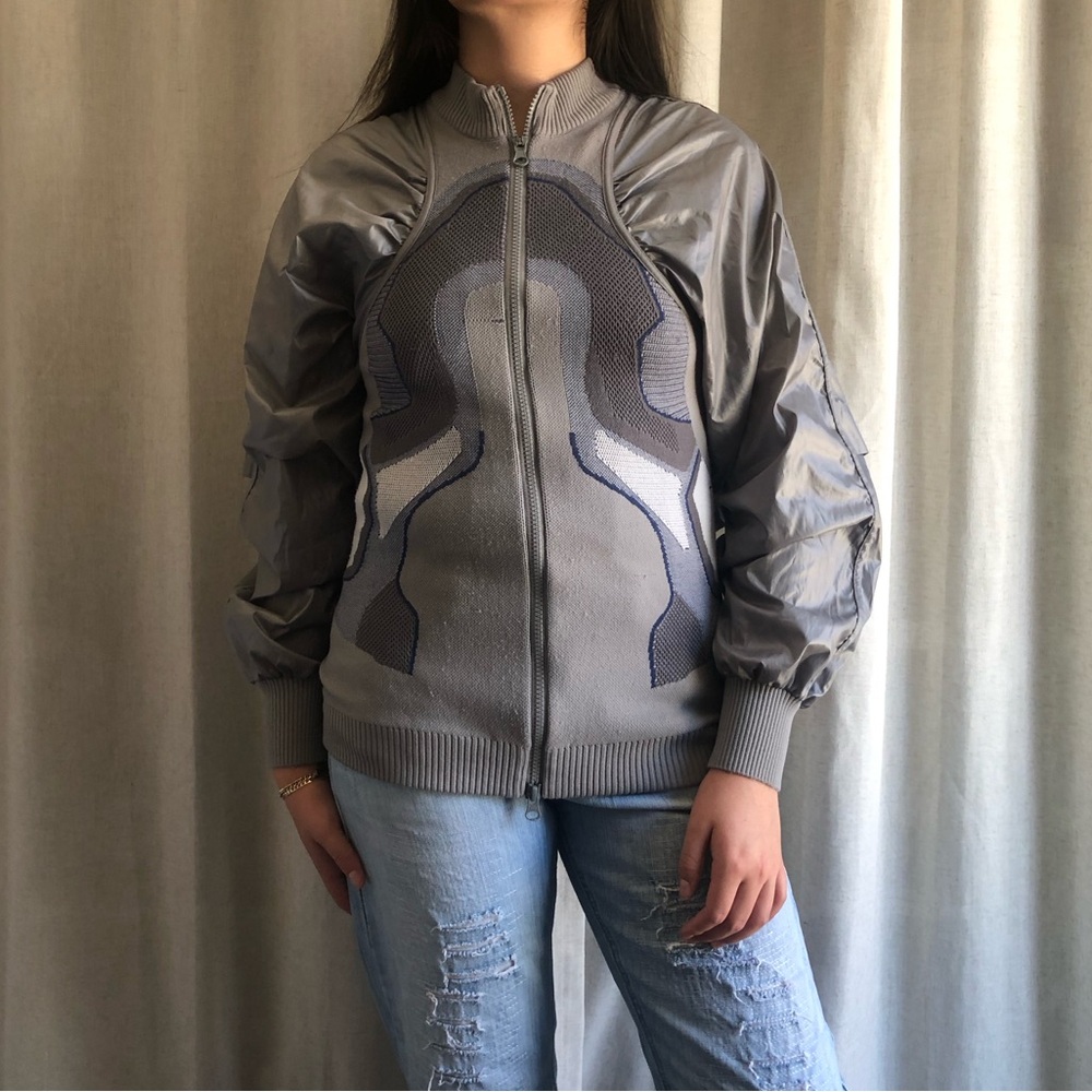 Adidas by Stella McCartney Gray Sculptural Knit & Nylon Bomber Jacket